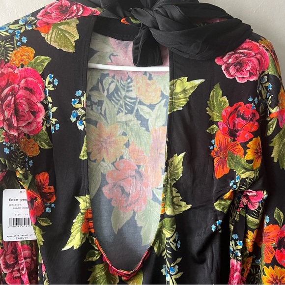 Free People Black Combo Floral 2 Am Mini Dress Open Back Tie Neck Size XS NWT - Picture 5 of 9